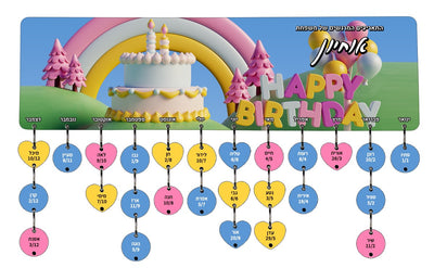 לוח עץ תאריכים ימי הולדת, ימי נישואים וכל תאריך חשוב - כולל 15 תליונים מודפסים עם שם ותאריך - דגם 29