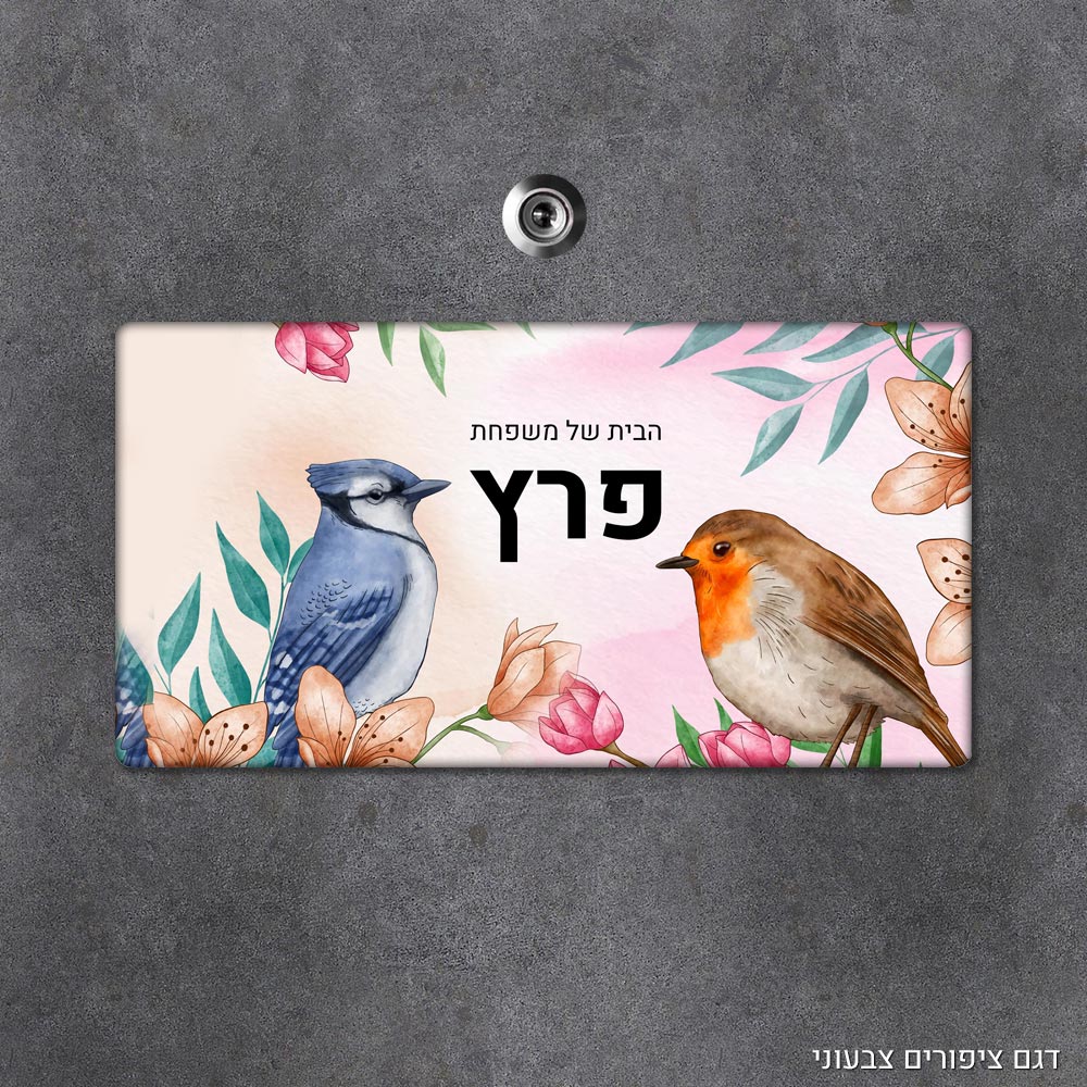 שלט עץ מלבני מעוצב לדלת הבית בכיתוב אישי- דגם ציפורים צבעוני