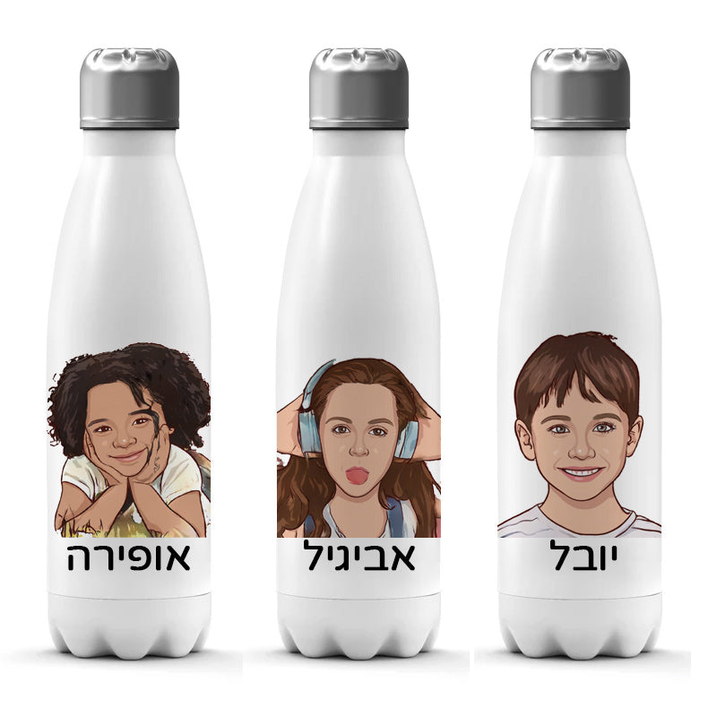 בקבוק תרמי איכותי שומר קור/חום עם איור לפי תמונה ושם אישי